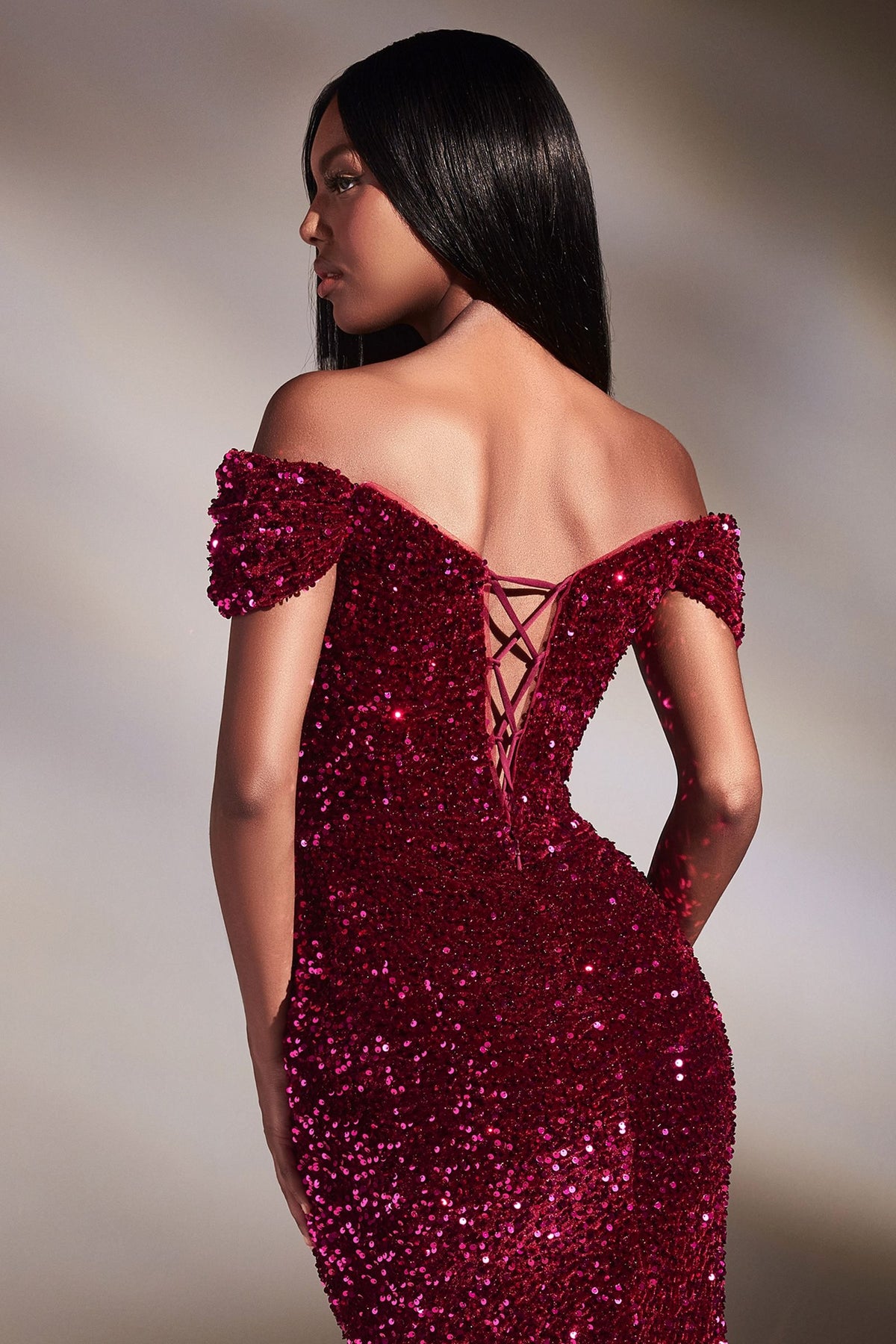 Off-Shoulder Sequin Slit Gown | CDCA109