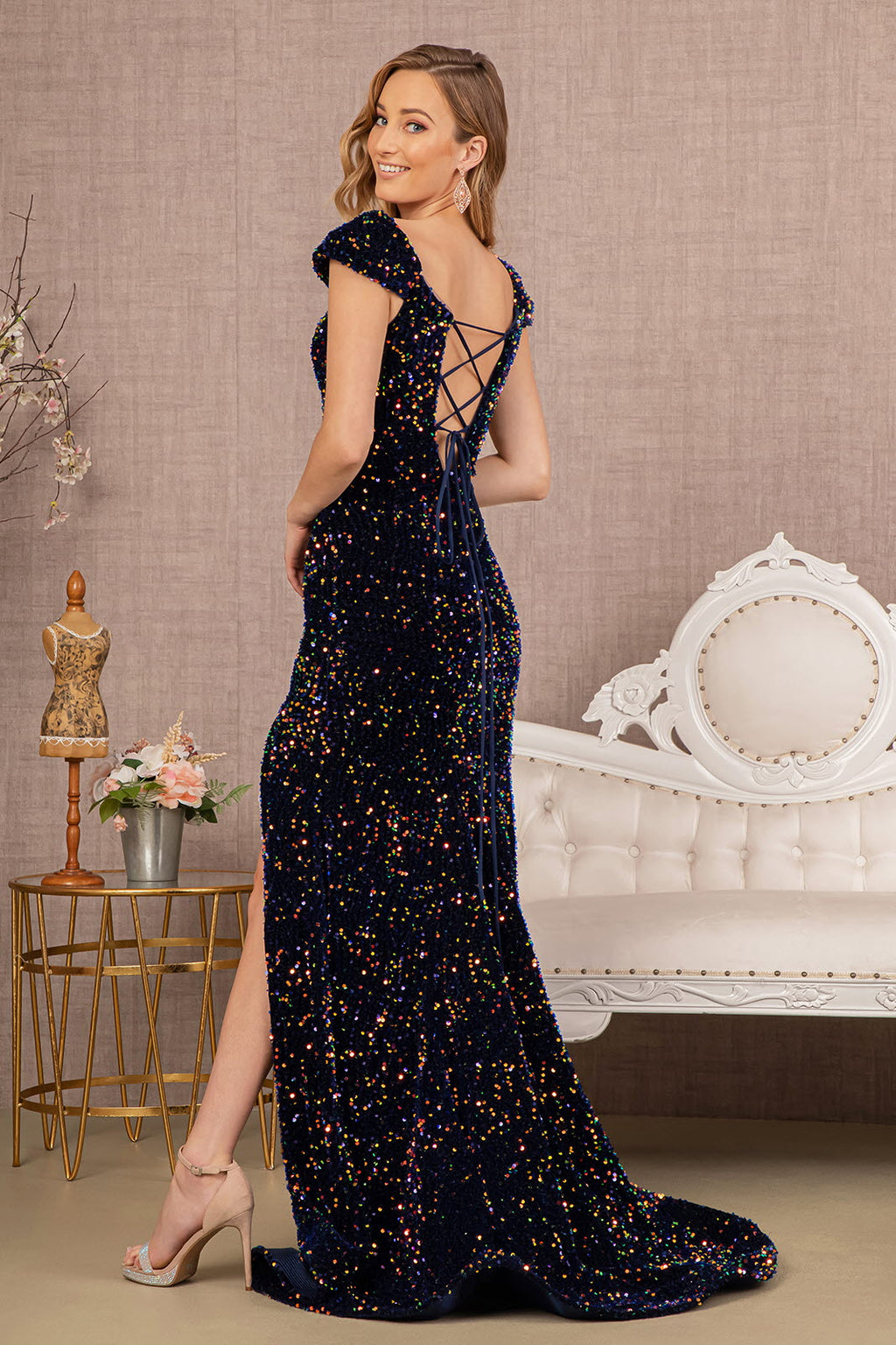Off-Shoulder Sequin Velvet Mermaid Gown | GLGL3148
