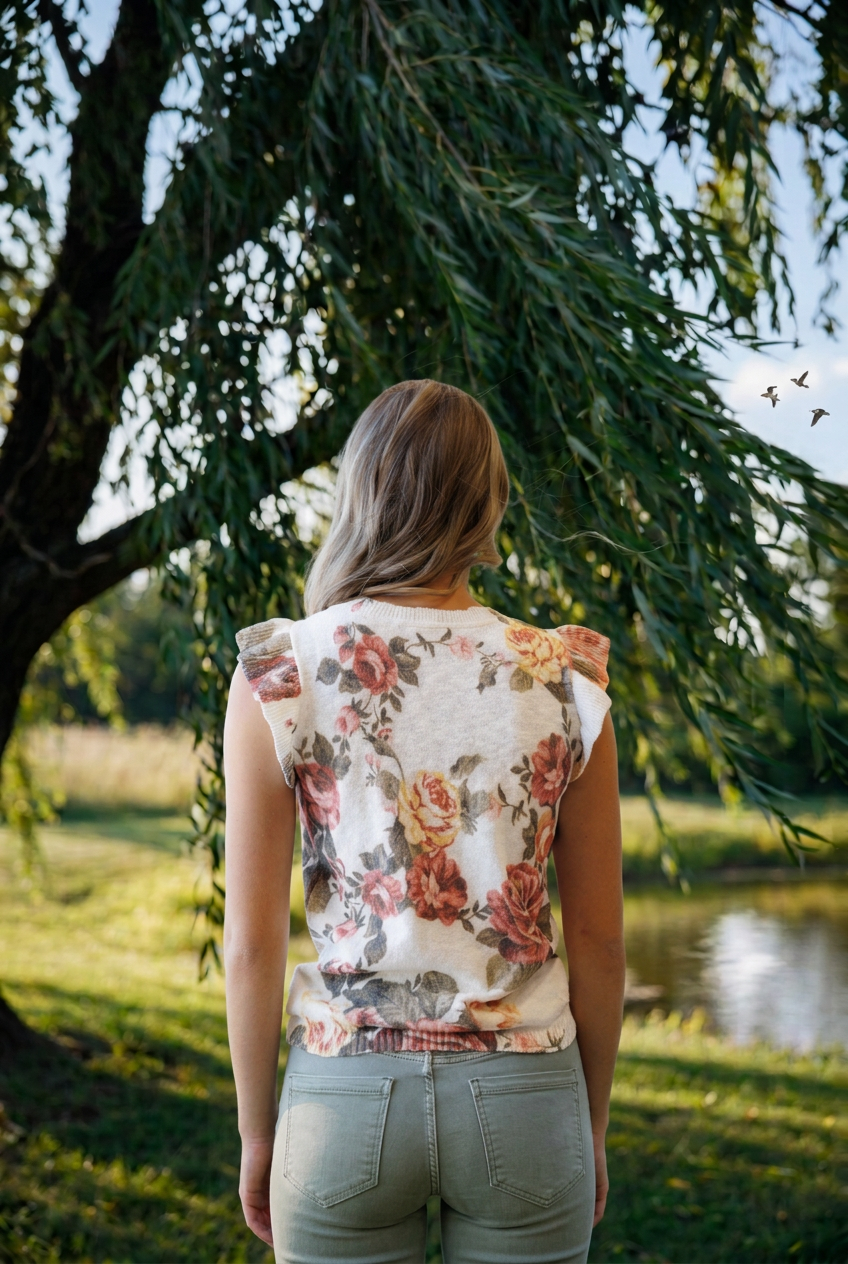 Good Call Cardigan back view beneath a willow in daylight with birds