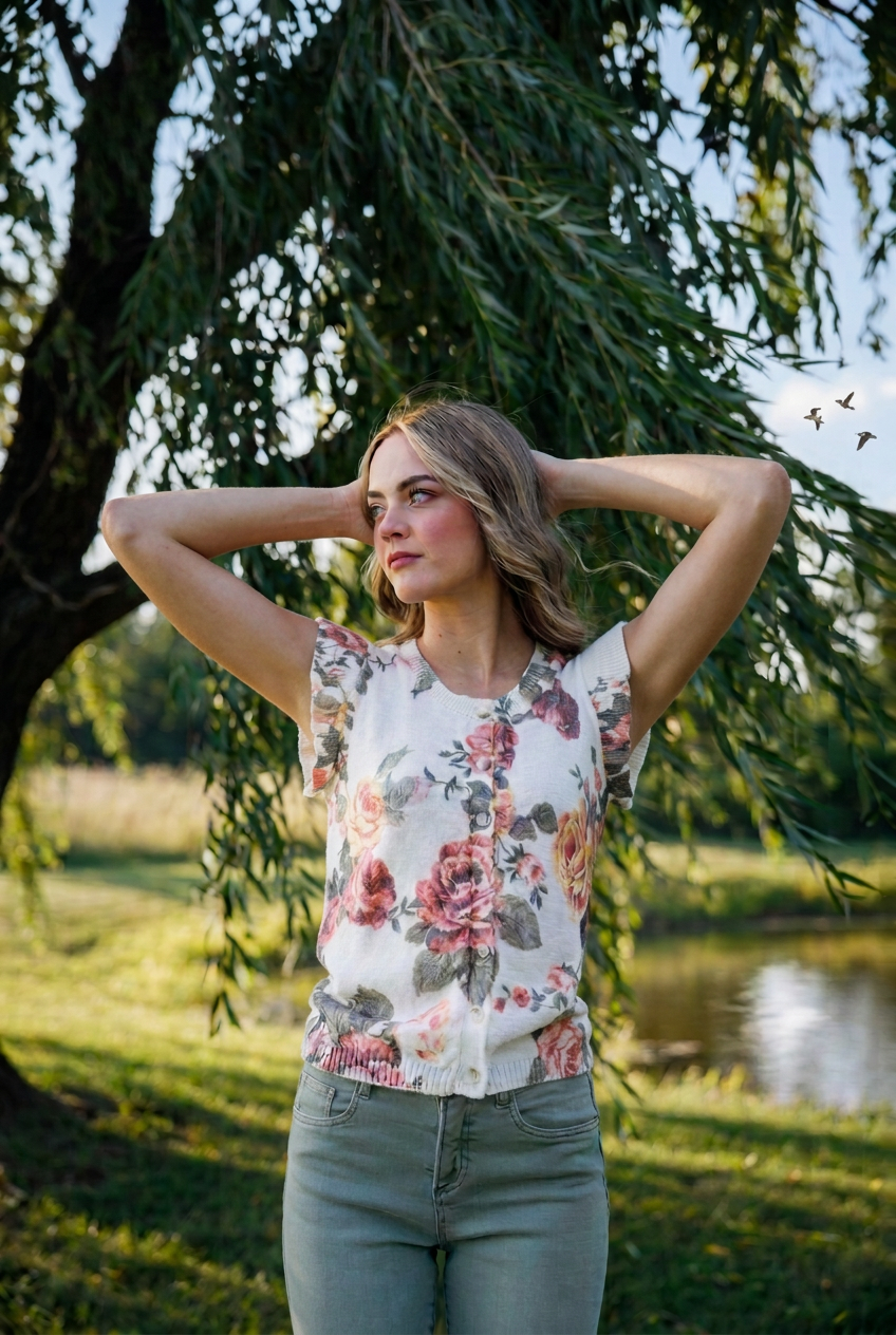 Good Call Cardigan with arms raised beneath a willow beside a pond